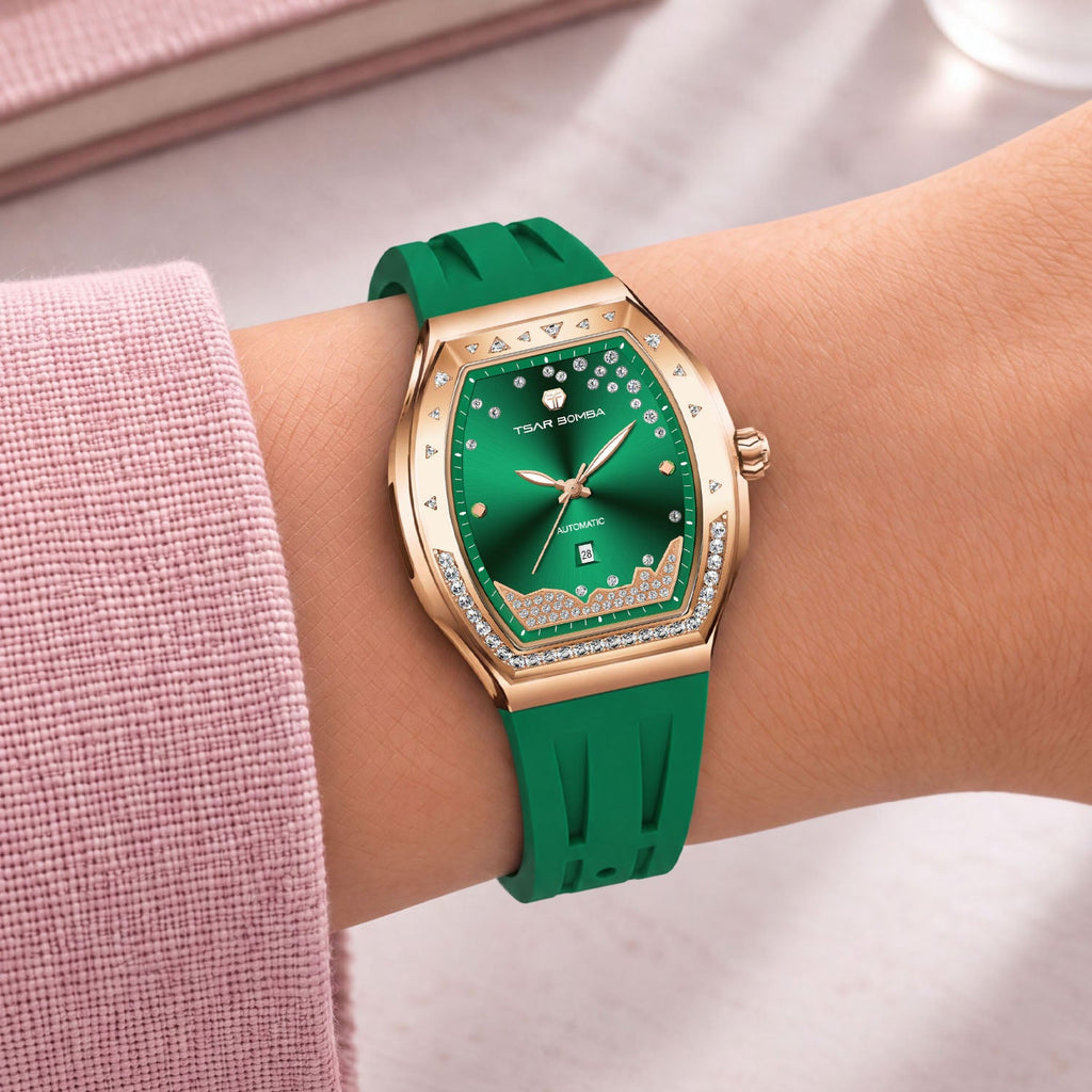Tsar Bomba Lumina Green — Worn on wrist at an angle, showing the crown and bezel stones, available at IFL Watches.