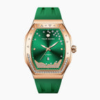 Tsar Bomba Lumina Green — Front view of the green sunray dial with diamond trail, pavé mountain ridge and date window, 35mm rose-gold steel tonneau case, available at IFL Watches.