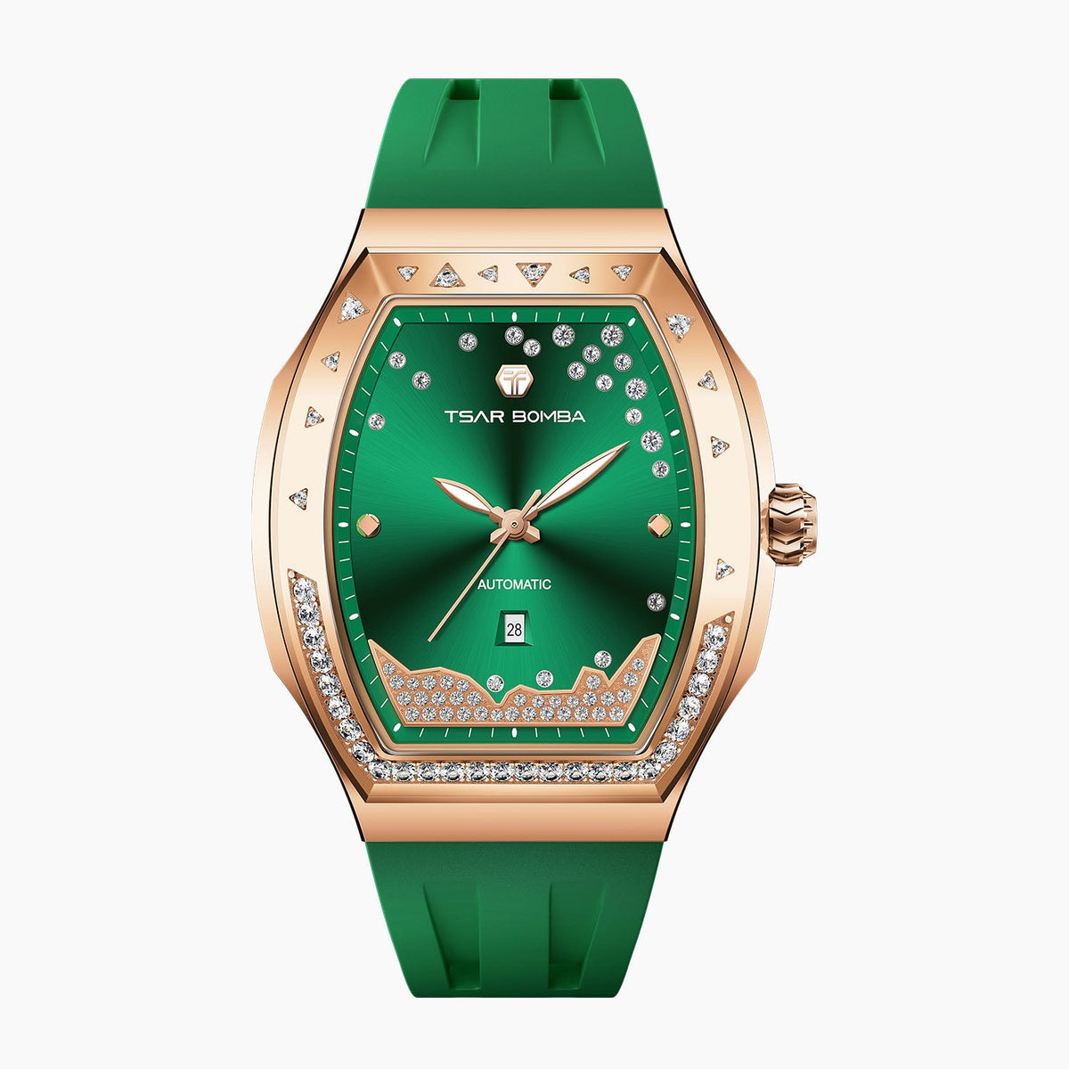 Tsar Bomba Lumina Green — Front view of the green sunray dial with diamond trail, pavé mountain ridge and date window, 35mm rose-gold steel tonneau case, available at IFL Watches.