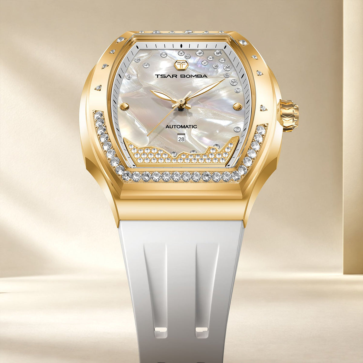 Tsar Bomba Lumina White Gold — Standing in front view against soft drapery, available at IFL Watches.