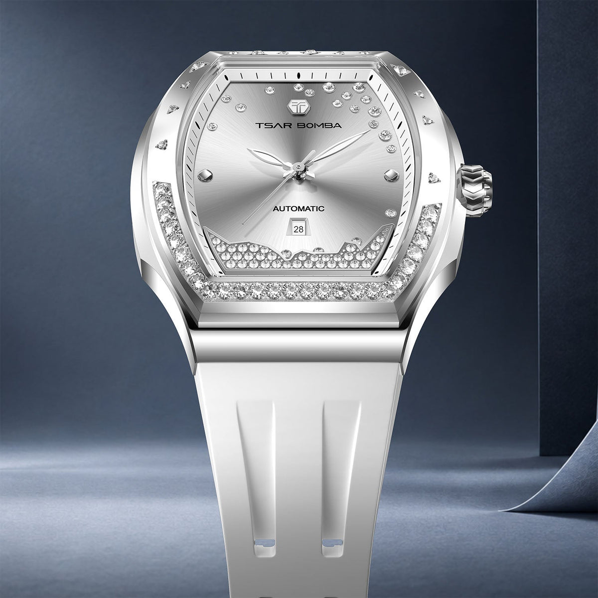 Tsar Bomba Lumina White Silver — Standing in front view against soft drapery, available at IFL Watches.