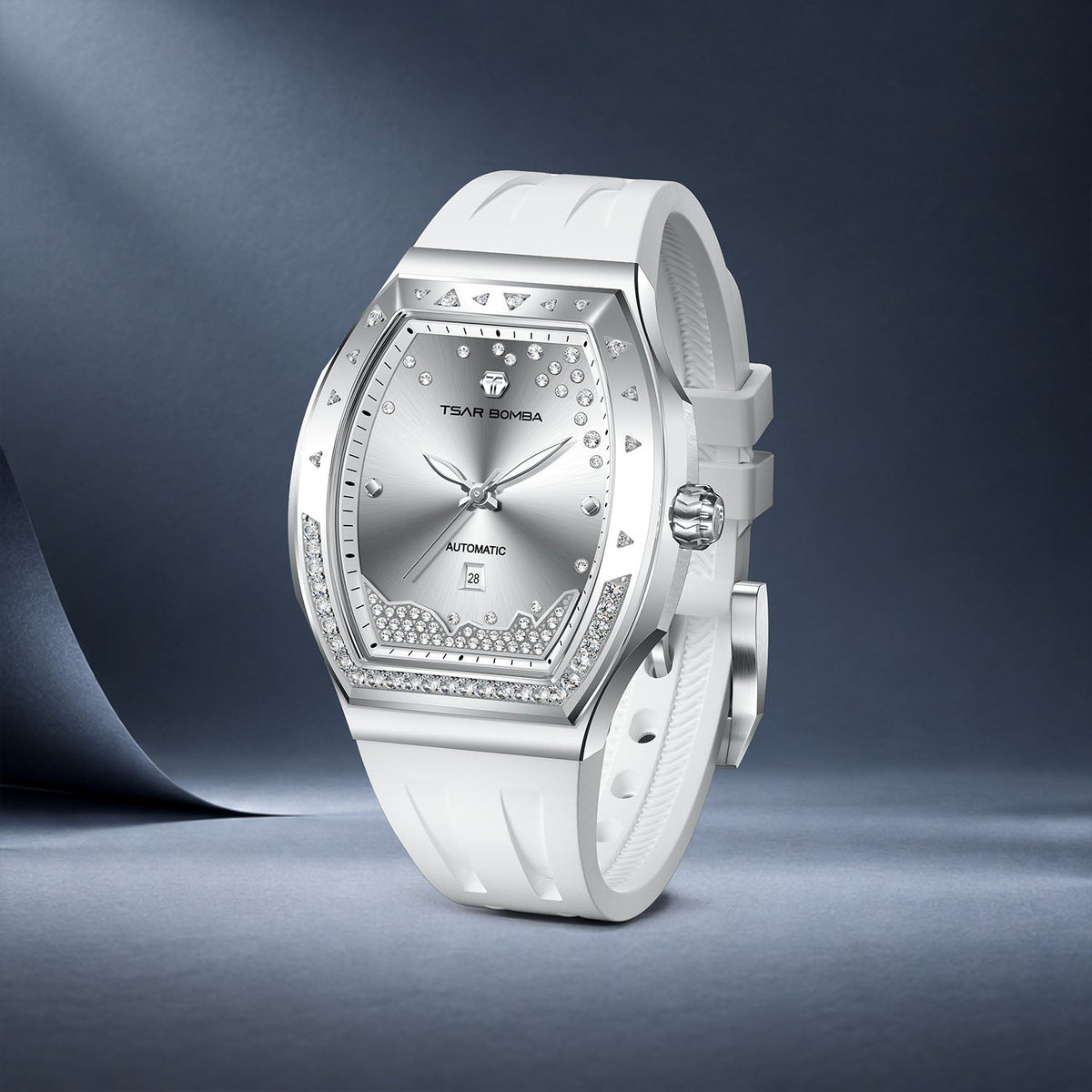 Tsar Bomba Lumina White Silver — Standing on a smooth surface, seen in three-quarter view, available at IFL Watches.