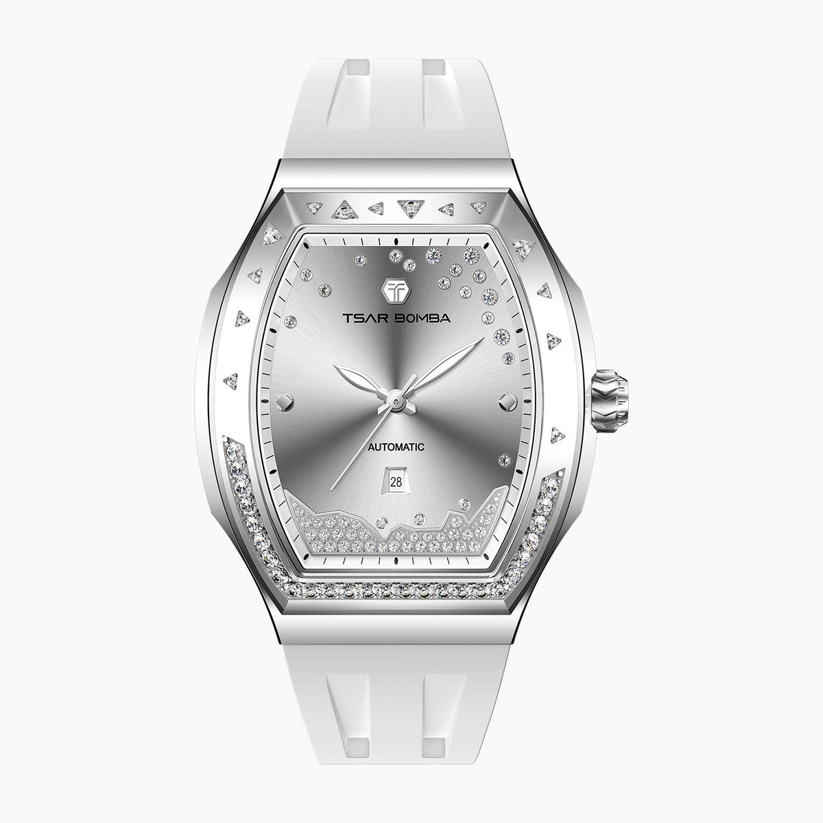 Tsar Bomba Lumina White Silver — Front view of the silvery white sunray dial with diamond trail, pavé mountain ridge and date window, 35mm steel tonneau case, available at IFL Watches.