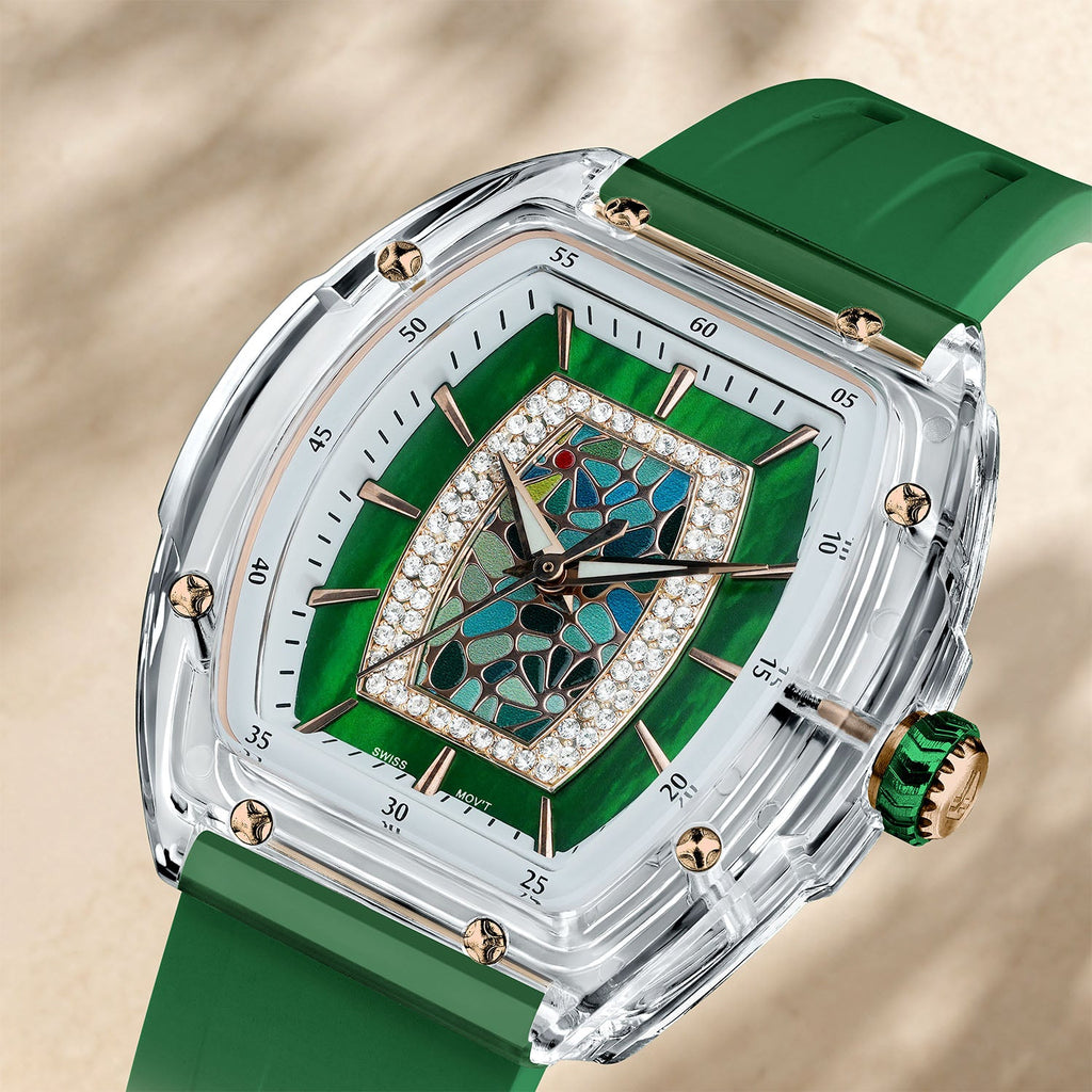 Tsar Bomba Nucleus Femme 02 Green — Close angled view of the mosaic and mother-of-pearl through the sapphire crystal, available at IFL Watches.
