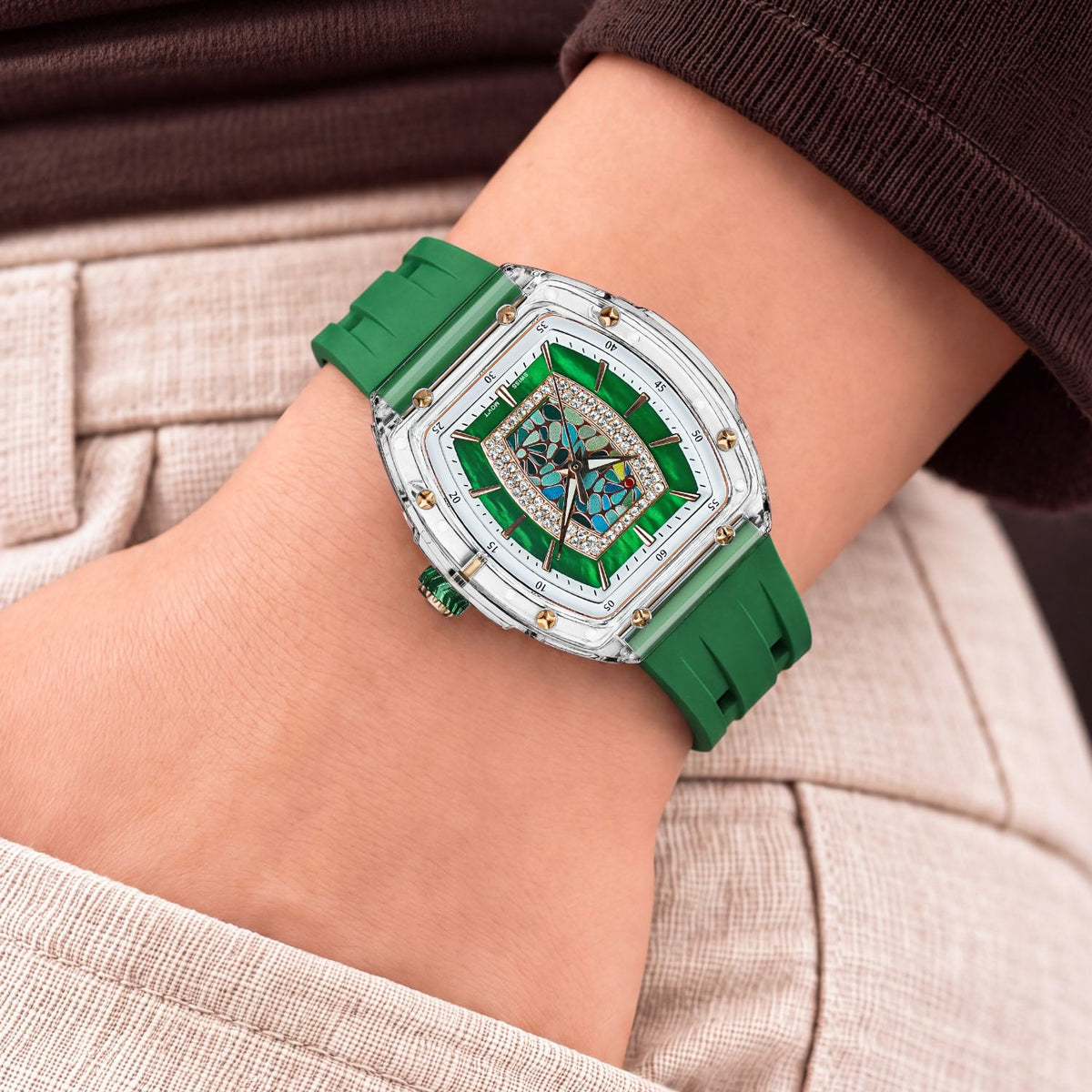 Tsar Bomba Nucleus Femme 02 Green — Worn on wrist with a hand in pocket, seen from a relaxed angle, available at IFL Watches.