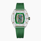 Tsar Bomba Nucleus Femme 02 Green — Front view of the green mother-of-pearl dial with mosaic, framed by sparkling stones in a 35mm clear tonneau case, available at IFL Watches.