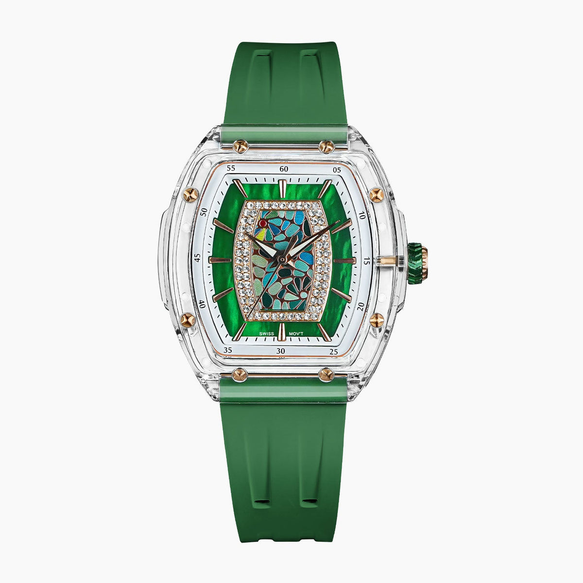 Tsar Bomba Nucleus Femme 02 Green — Front view of the green mother-of-pearl dial with mosaic, framed by sparkling stones in a 35mm clear tonneau case, available at IFL Watches.