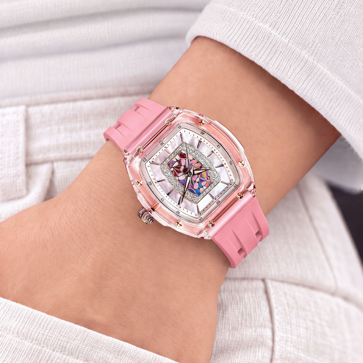 Tsar Bomba Nucleus Femme 02 Pink — Worn on wrist with a hand in pocket, seen from a relaxed angle, available at IFL Watches.