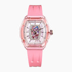 Tsar Bomba Nucleus Femme 02 Pink — Front view of the mother-of-pearl dial with stained-glass mosaic, framed by sparkling stones in a 35mm translucent pink tonneau case, available at IFL Watches.