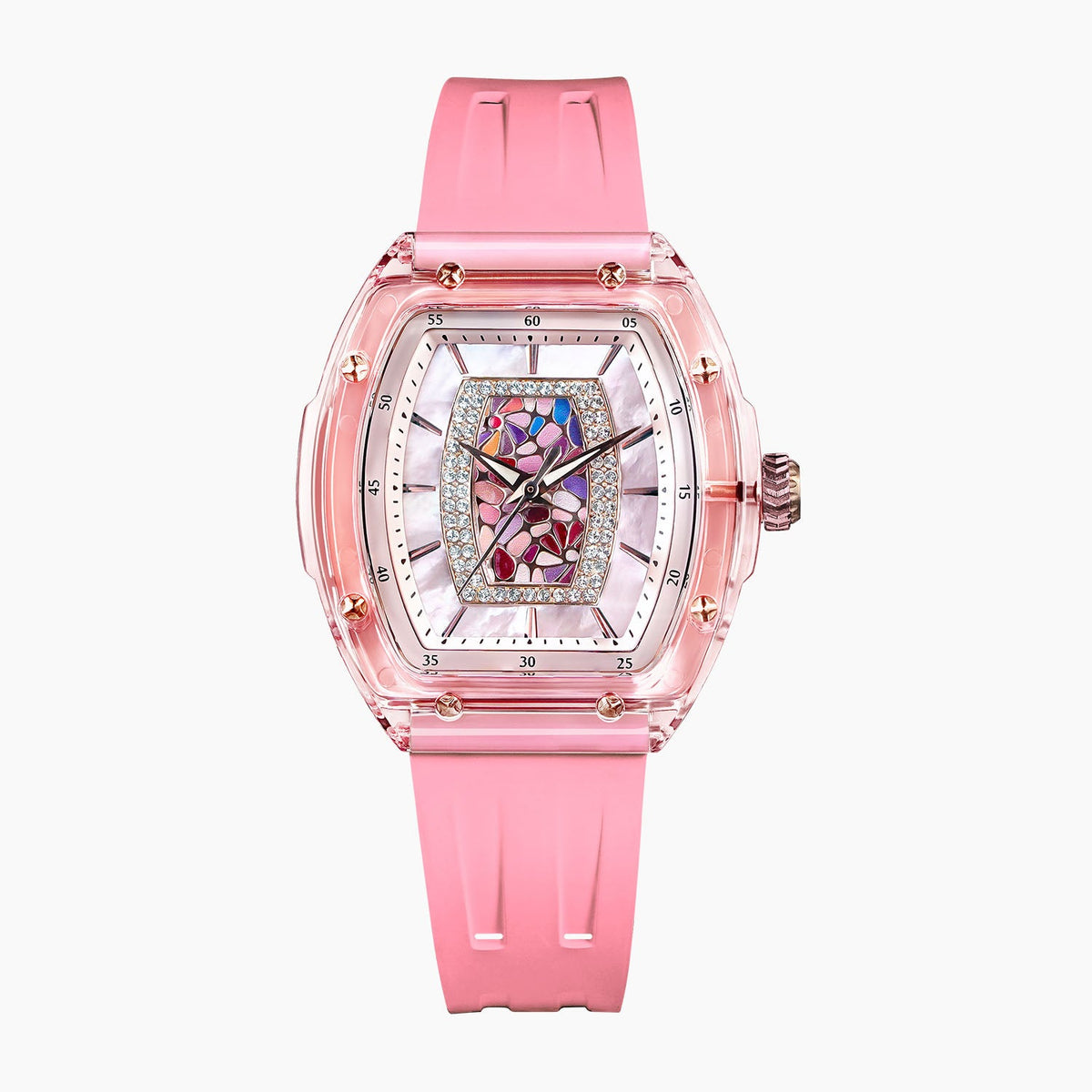 Tsar Bomba Nucleus Femme 02 Pink — Front view of the mother-of-pearl dial with stained-glass mosaic, framed by sparkling stones in a 35mm translucent pink tonneau case, available at IFL Watches.