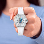 Tsar Bomba Nucleus Femme 02 White Blue — Held in hand, showing the transparent case and rose-gold screws, available at IFL Watches.