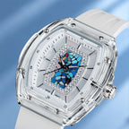 Tsar Bomba Nucleus Femme 02 White Blue — Close angled view of the mosaic and mother-of-pearl through the sapphire crystal, available at IFL Watches.