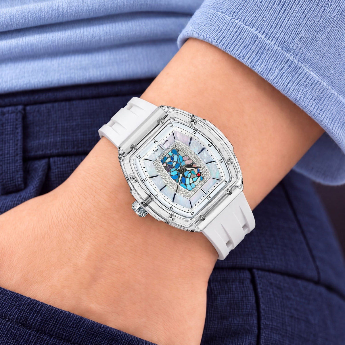 Tsar Bomba Nucleus Femme 02 White Blue — Worn on wrist with a hand in pocket, seen from a relaxed angle, available at IFL Watches.