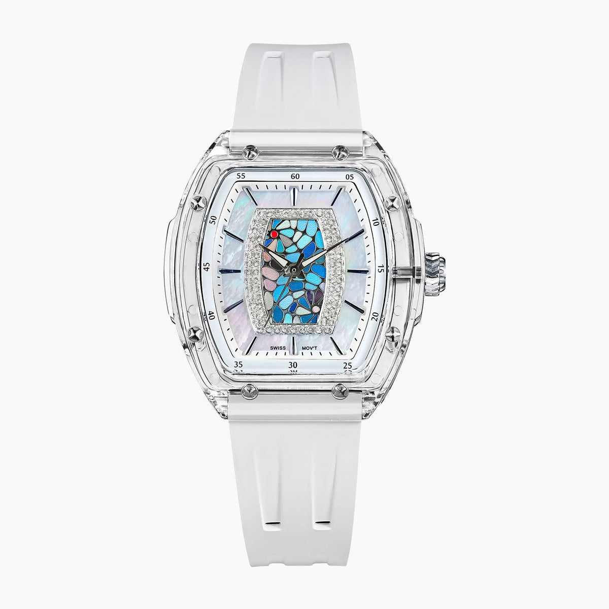 Tsar Bomba Nucleus Femme 02 White Blue — Front view of the white mother-of-pearl dial with blue mosaic, framed by sparkling stones in a 35mm clear tonneau case, available at IFL Watches.