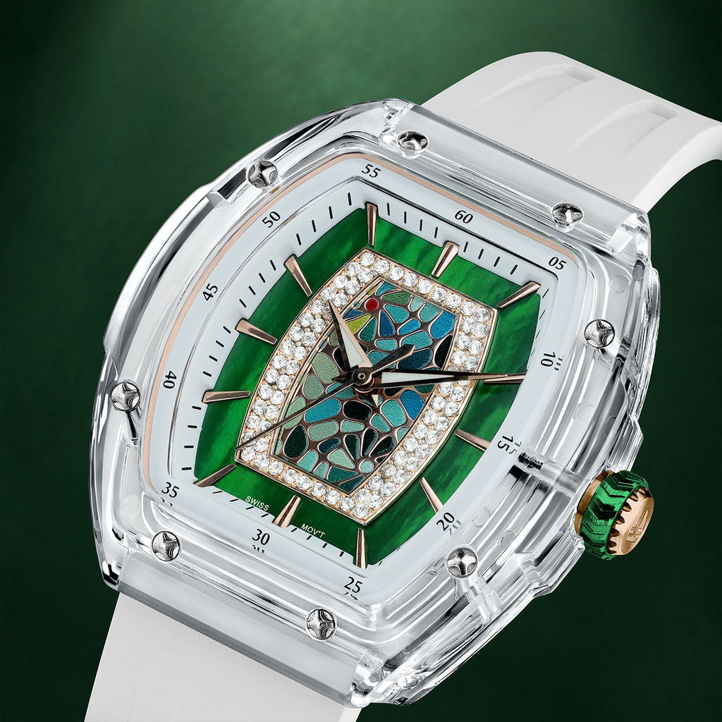 Tsar Bomba Nucleus Femme 02 White Green — Close angled view of the mosaic and mother-of-pearl through the sapphire crystal, available at IFL Watches.