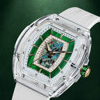 Tsar Bomba Nucleus Femme 02 White Green — Close angled view of the mosaic and mother-of-pearl through the sapphire crystal, available at IFL Watches.