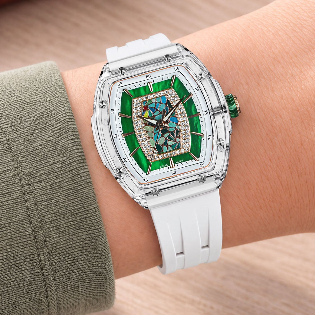 Tsar Bomba Nucleus Femme 02 White Green — Worn on wrist, showing the tonneau case and strap, available at IFL Watches.
