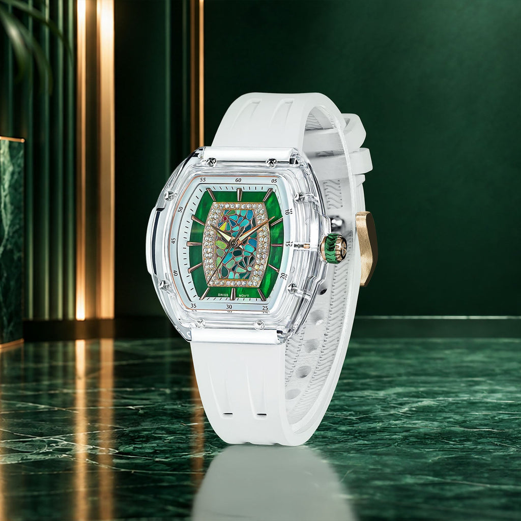 Tsar Bomba Nucleus Femme 02 White Green — Standing on a reflective surface, seen in three-quarter view, available at IFL Watches.