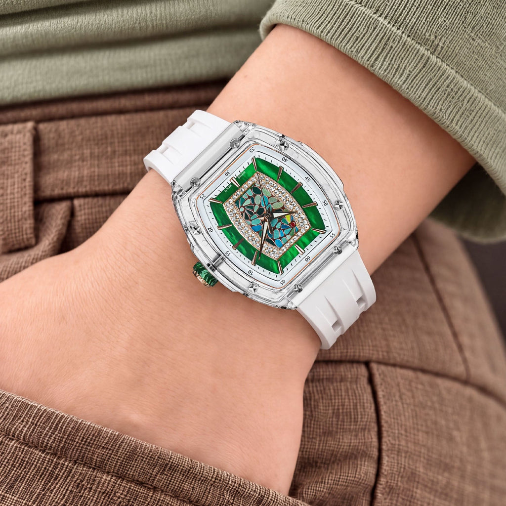 Tsar Bomba Nucleus Femme 02 White Green — Worn on wrist with a hand in pocket, seen from a relaxed angle, available at IFL Watches.