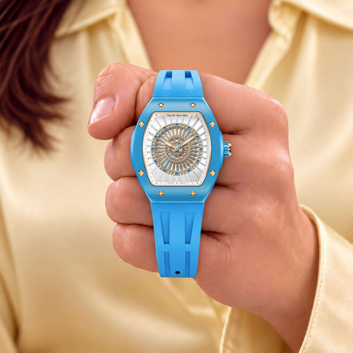 Tsar Bomba Nucleus Femme 03 Blue — Held in hand, showing the radiating stone centre, available at IFL Watches.