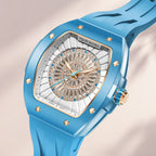 Tsar Bomba Nucleus Femme 03 Blue — Close angled view of the baguette-cut stones and ring of cubic zirconia, available at IFL Watches.