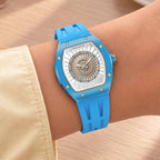 Tsar Bomba Nucleus Femme 03 Blue — Worn on wrist at an angle, showing the rose-gold crown, available at IFL Watches.