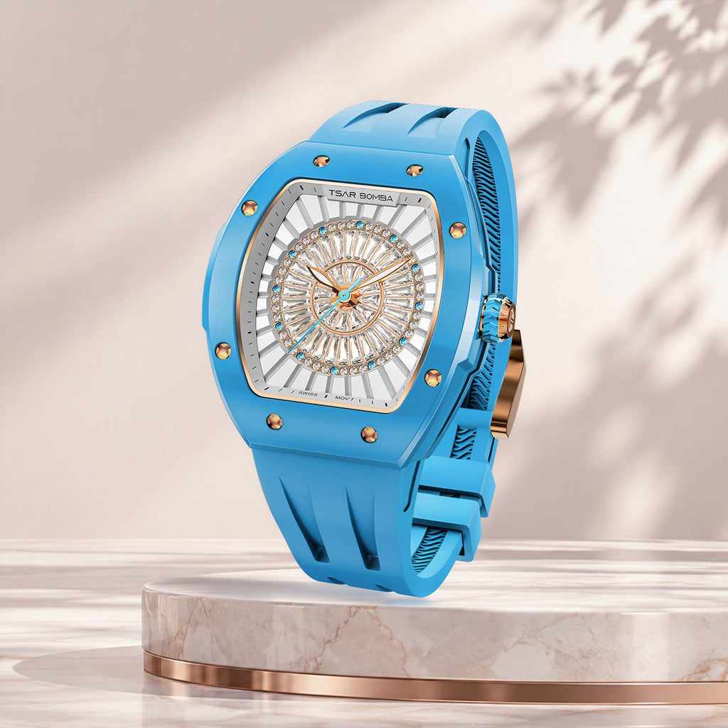 Tsar Bomba Nucleus Femme 03 Blue — Standing on a pedestal, seen in three-quarter view, available at IFL Watches.