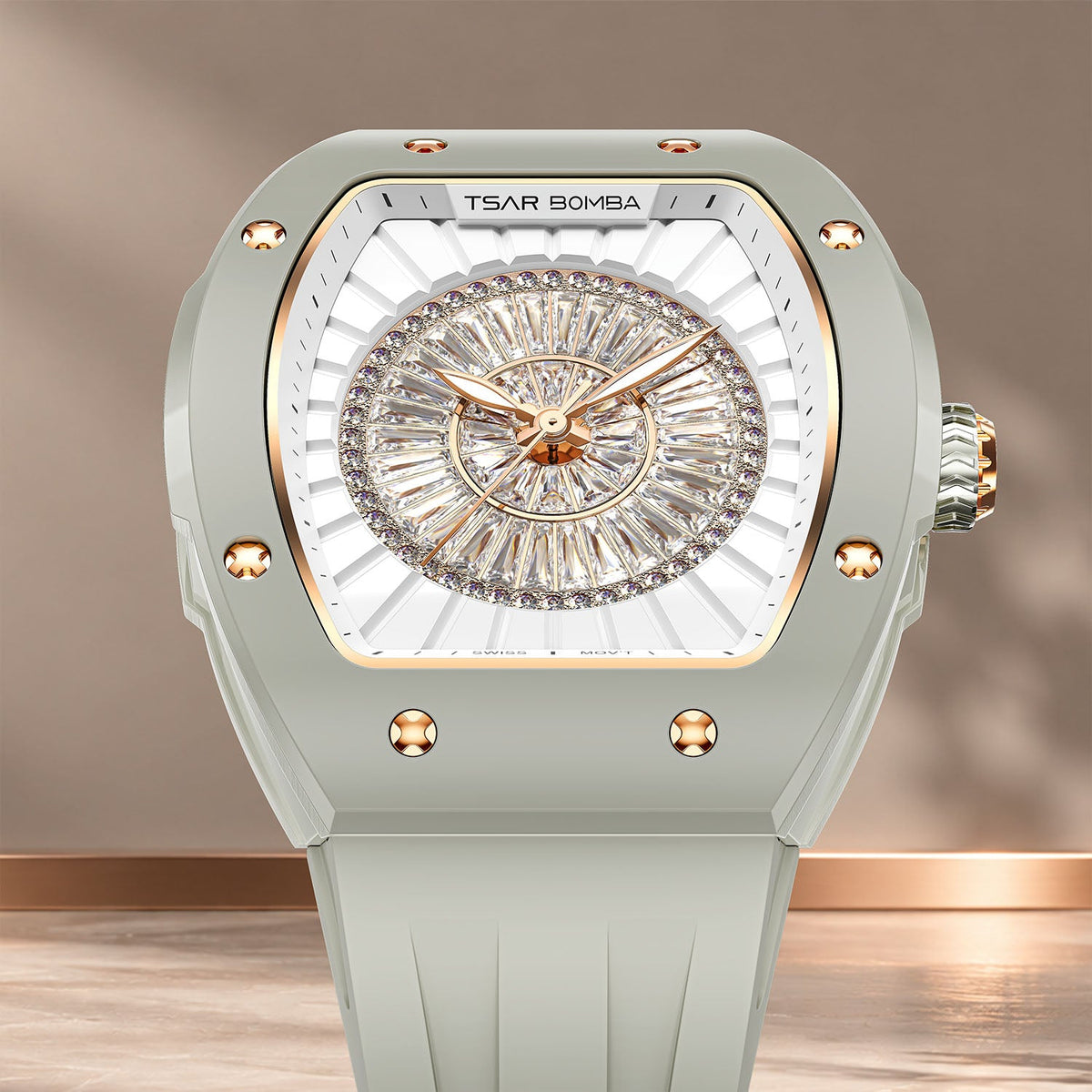 Tsar Bomba Nucleus Femme 03 Ghost Grey — Close front view of the dial and screwed bezel against a soft backdrop, available at IFL Watches.