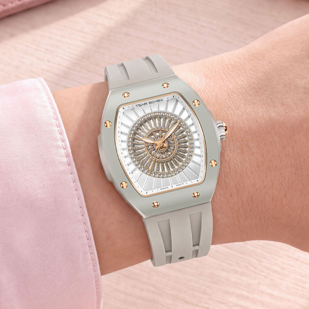 Tsar Bomba Nucleus Femme 03 Ghost Grey — Worn on wrist at an angle, showing the rose-gold crown, available at IFL Watches.