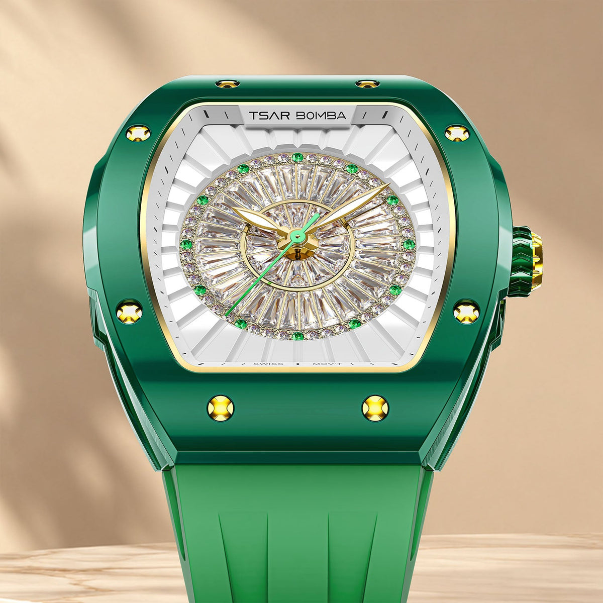 Tsar Bomba Nucleus Femme 03 Green — Close front view of the dial and screwed bezel against a soft backdrop, available at IFL Watches.