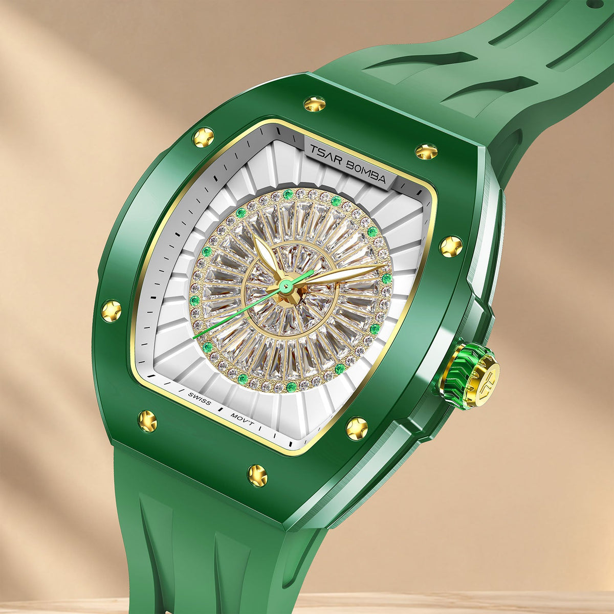 Tsar Bomba Nucleus Femme 03 Green — Close angled view of the baguette-cut stones and ring of cubic zirconia, available at IFL Watches.