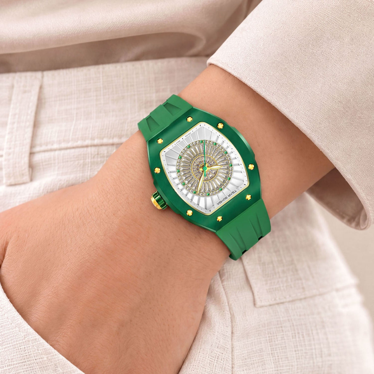 Tsar Bomba Nucleus Femme 03 Green — Worn on wrist with a hand in pocket, seen from a relaxed angle, available at IFL Watches.