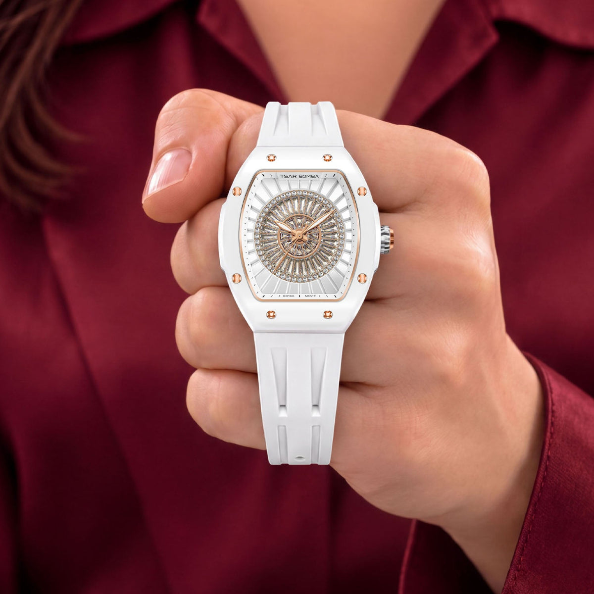Tsar Bomba Nucleus Femme 03 White — Held in hand, showing the radiating stone centre, available at IFL Watches.