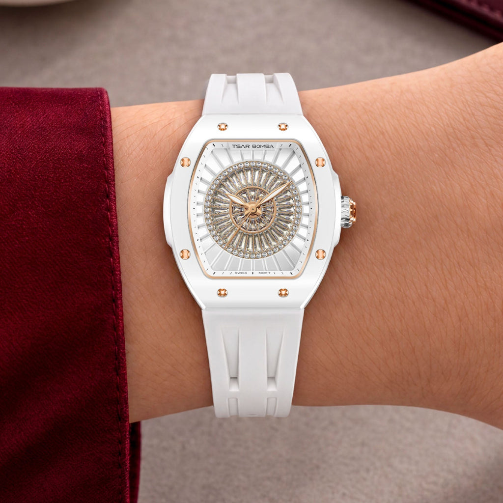 Tsar Bomba Nucleus Femme 03 White — Worn on wrist, showing the tonneau case and strap, available at IFL Watches.