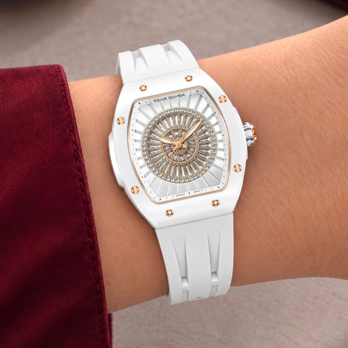 Tsar Bomba Nucleus Femme 03 White — Worn on wrist at an angle, showing the rose-gold crown, available at IFL Watches.