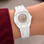 Tsar Bomba Nucleus Femme 03 White — Worn on wrist at an angle, showing the rose-gold crown, available at IFL Watches.