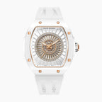 Tsar Bomba Nucleus Femme 03 White — Front view of the dial with a rosette of baguette-cut stones and rose-gold accents, 35mm white ceramic tonneau case, available at IFL Watches.