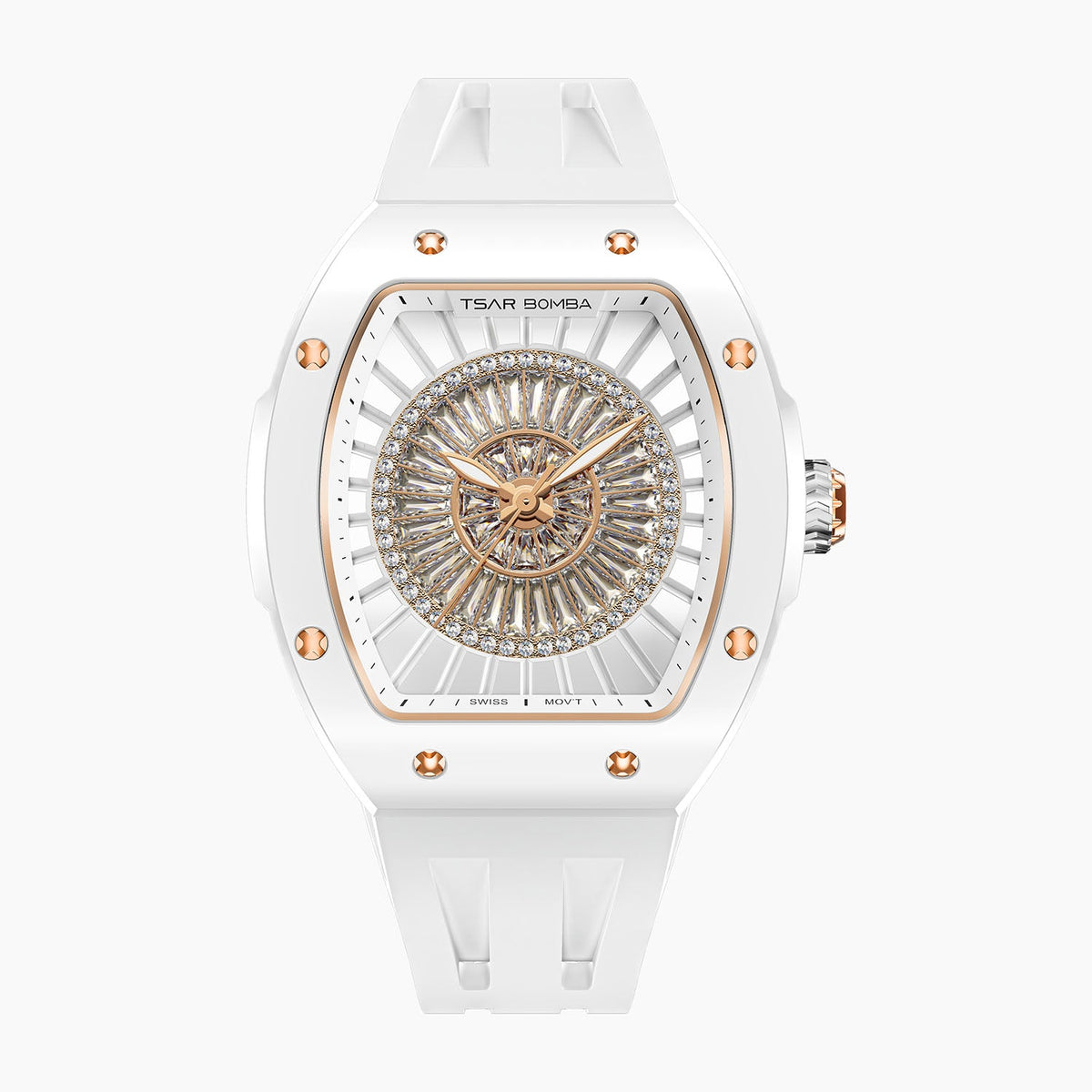 Tsar Bomba Nucleus Femme 03 White — Front view of the dial with a rosette of baguette-cut stones and rose-gold accents, 35mm white ceramic tonneau case, available at IFL Watches.