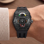 Tsar Bomba Parallax Carbon Black — Worn on wrist with a knit sleeve, showing the tonneau case, available at IFL Watches.