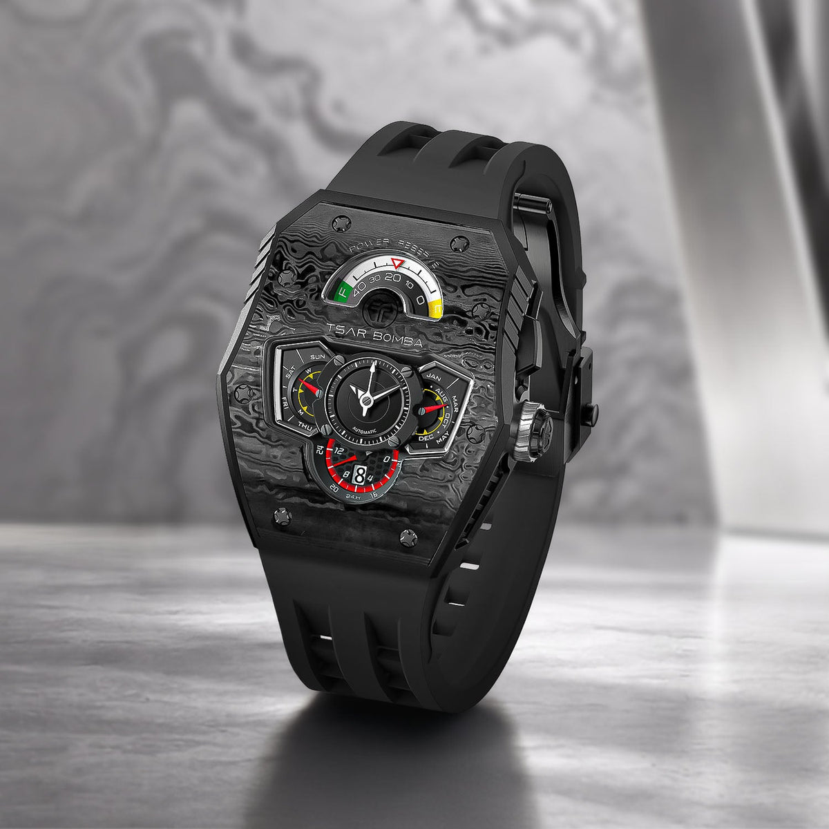 Tsar Bomba Parallax Carbon Black — Standing on a table in a moody interior, showing the case profile, available at IFL Watches.