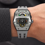 Tsar Bomba Parallax Grey — Worn on wrist with a knit sleeve, showing the tonneau case, available at IFL Watches.