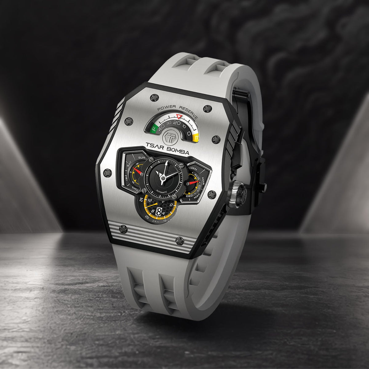 Tsar Bomba Parallax Grey — Standing on a table in a moody interior, showing the case profile, available at IFL Watches.