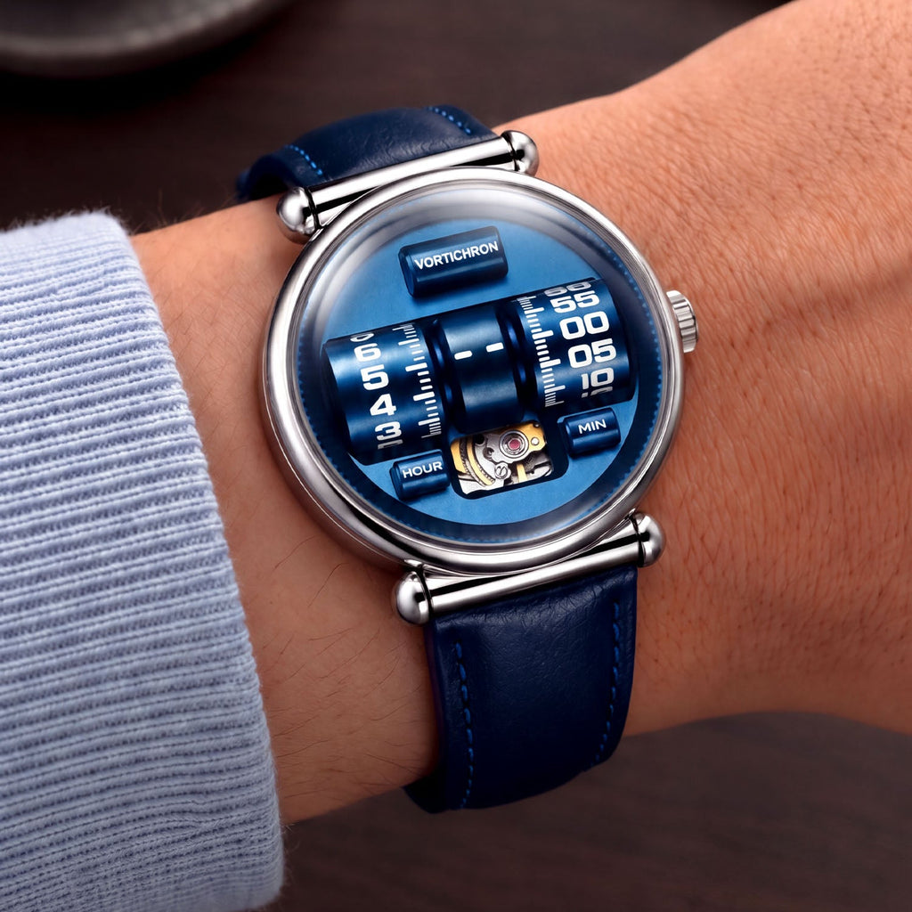 Vortichron Double Roller Blue — Worn on wrist at an angle, showing the rollers and visible balance wheel, available at IFL Watches.