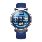 Vortichron Double Roller Blue — Front view of the textured sky-blue dial with hour and minute rollers and open balance window, 41mm steel case on blue leather strap, available at IFL Watches.