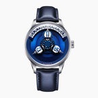 Vortichron Timeorb Blue — Front view of the blue dial with three rotating hour spheres and arched minute track, 41mm steel case on navy leather strap, available at IFL Watches.