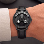 Vortichron Timeorb Midnight Black — Worn on wrist with a linen cuff, showing the hour spheres beneath the minute arc, available at IFL Watches.