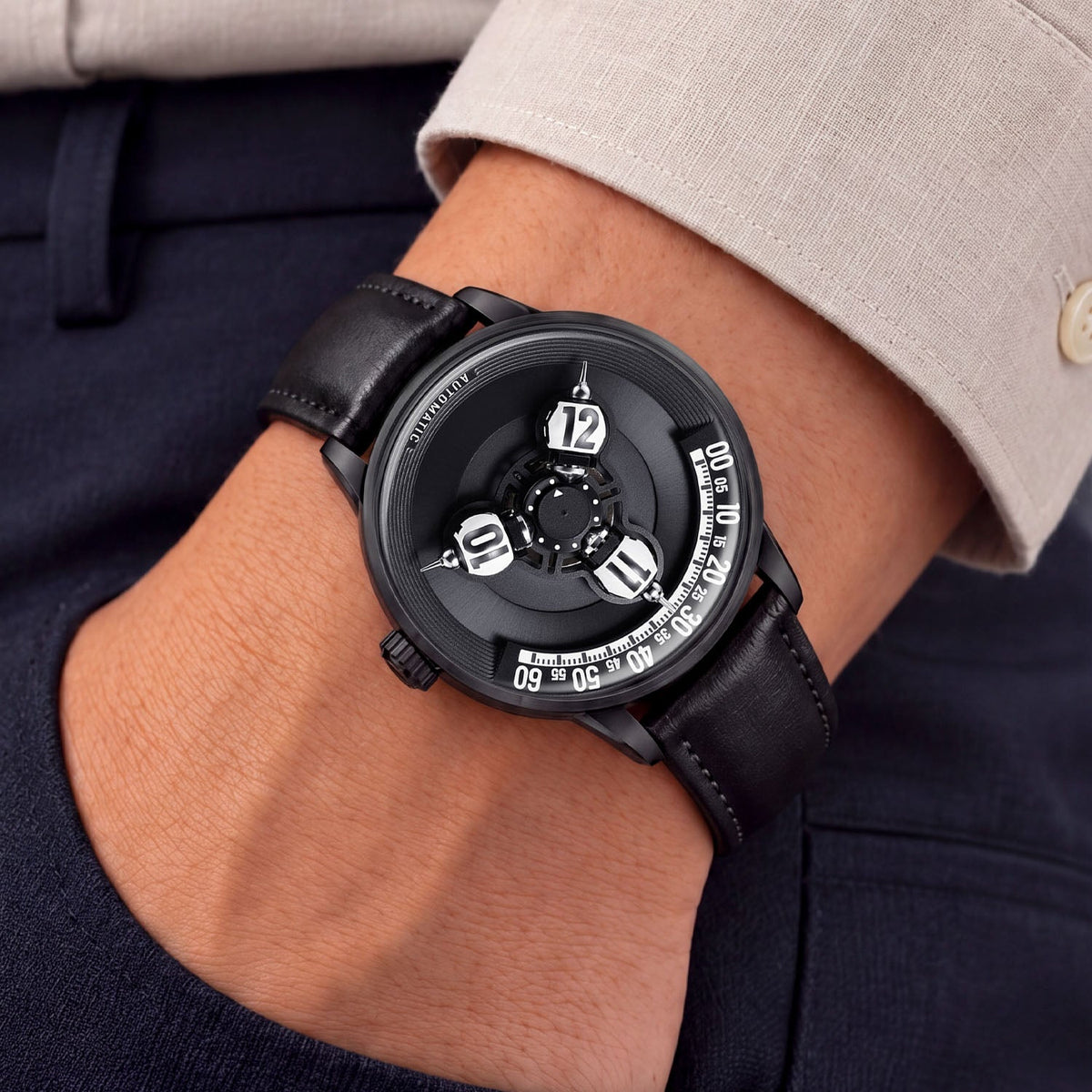 Vortichron Timeorb Midnight Black — Worn on wrist with a hand in pocket, seen from a relaxed angle, available at IFL Watches.
