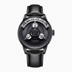 Vortichron Timeorb Midnight Black — Front view of the black dial with three rotating hour spheres and white minute arc, black case on black leather strap, available at IFL Watches.