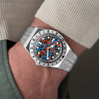 Timex Q Neon – Exclusive hand-painted timepiece with vibrant Blue and Orange Abstract Dial Artwork from Timex Q Diver Custom Collection