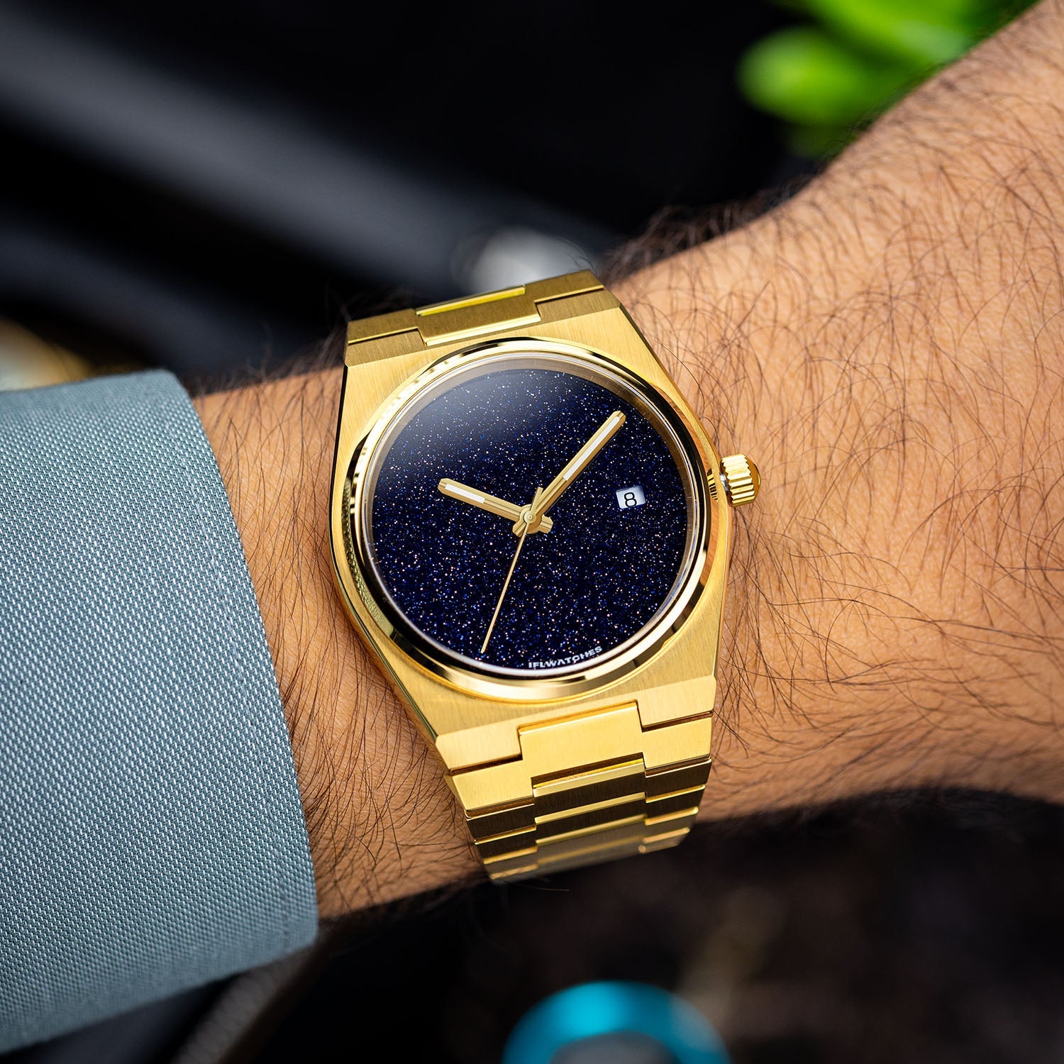 Aventurine Gold Concept – Custom natural aventurine stone dial on gold-tone stainless steel watch, bespoke timepiece by IFL Watches